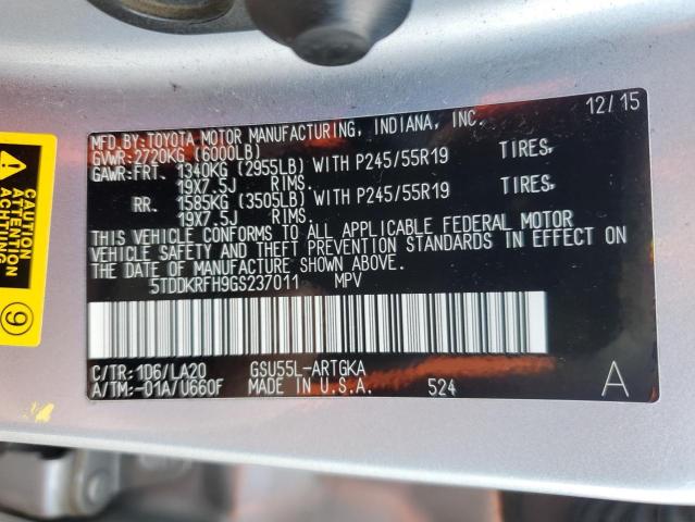2016 TOYOTA HIGHLANDER - 5TDDKRFH9GS237011