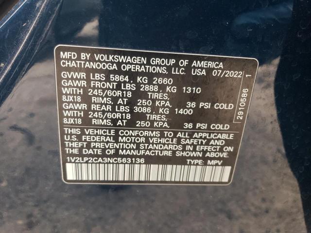 2022 VOLKSWAGEN ATLAS SE 1V2LP2CA3NC563136