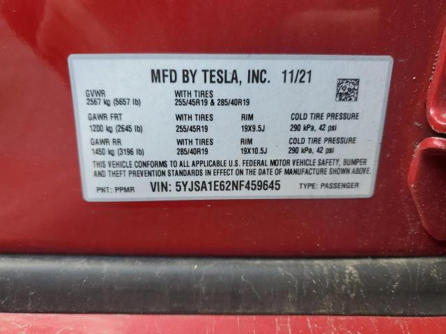 2022 TESLA MODEL S 5YJSA1E62NF459645