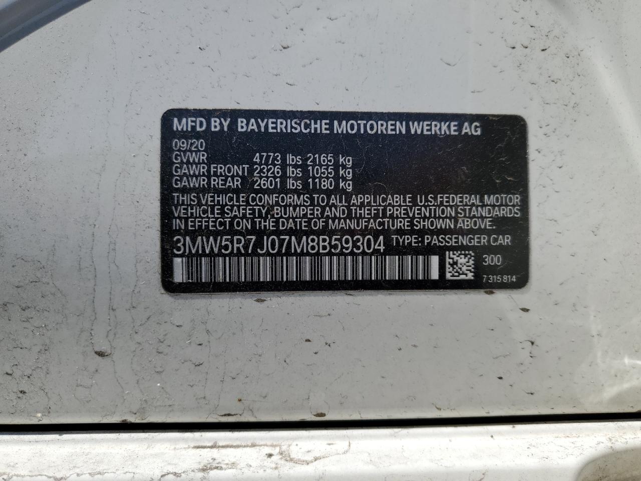 2021 BMW 330XI 2.0L 4 , VIN: 3MW5R7J07M8B59304