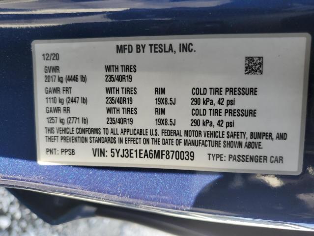2021 TESLA MODEL 3 - 5YJ3E1EA6MF870039