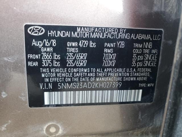 2019 HYUNDAI SANTA FE S 5NMS23AD2KH027399