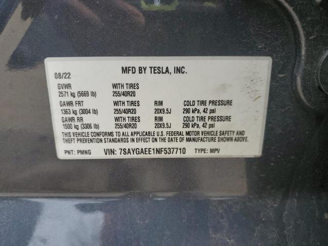 7SAYGAEE1NF537710 2022 TESLA MODEL Y