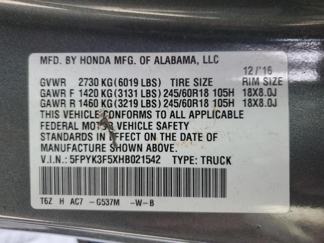 2017 HONDA RIDGELINE - 5FPYK3F5XHB021542