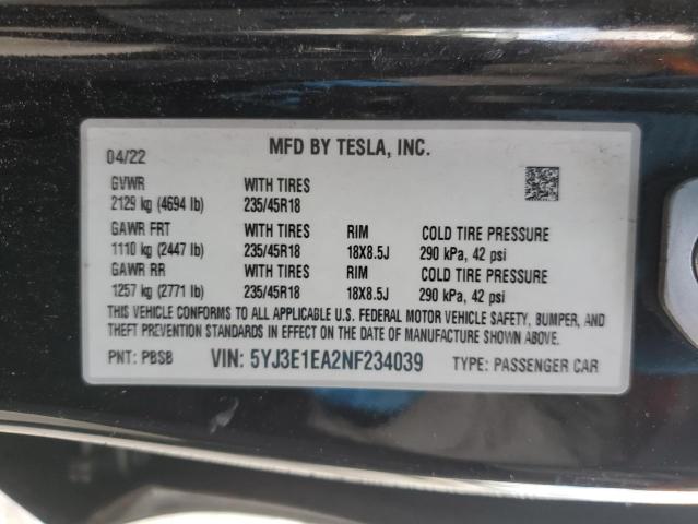 2022 TESLA MODEL 3 - 5YJ3E1EA2NF234039