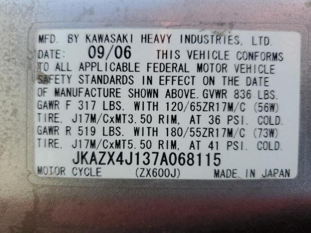 2007 KAWASAKI ZX600 J1 - JKAZX4J137A068115