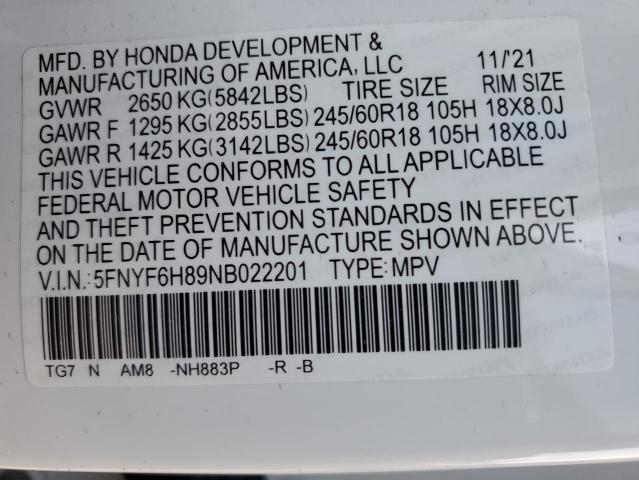 2022 HONDA PILOT TRAI 5FNYF6H89NB022201