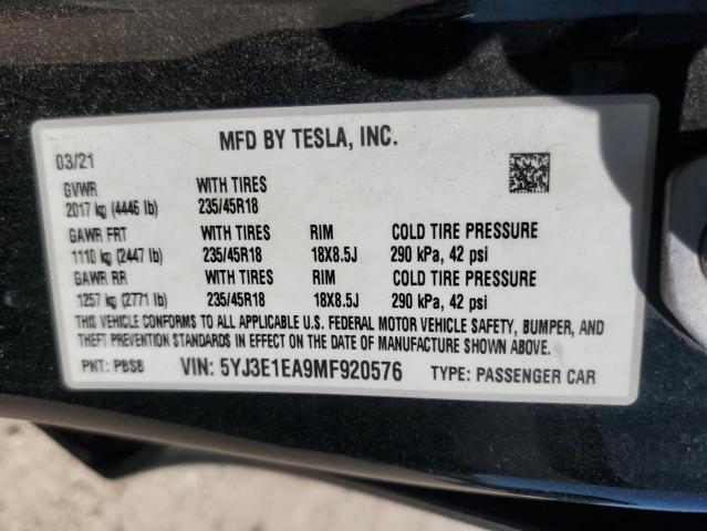 2021 TESLA MODEL 3 - 5YJ3E1EA9MF920576