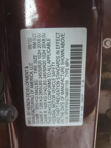 2022 HONDA PILOT SE 5FNYF6H27NB081159