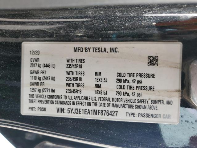 2021 TESLA MODEL 3 - 5YJ3E1EA1MF876427