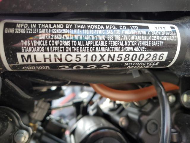 2022 HONDA CBR300 R MLHNC510XN5800286