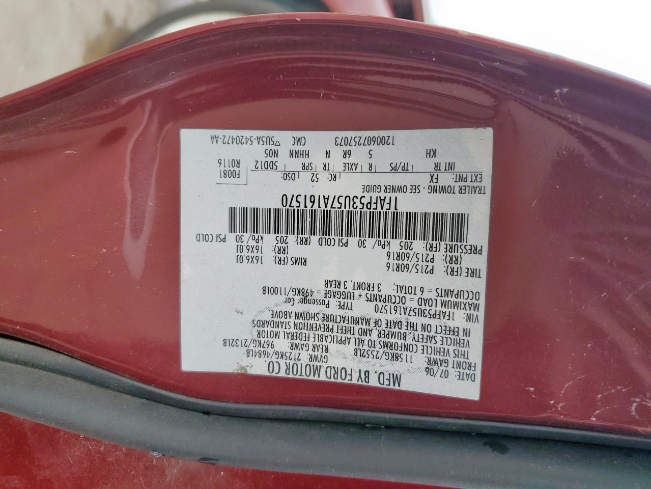 Lot #3277128927 2007 FORD TAURUS SE