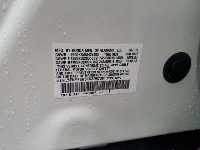 2016 HONDA PILOT EXL - 5FNYF6H81GB097381