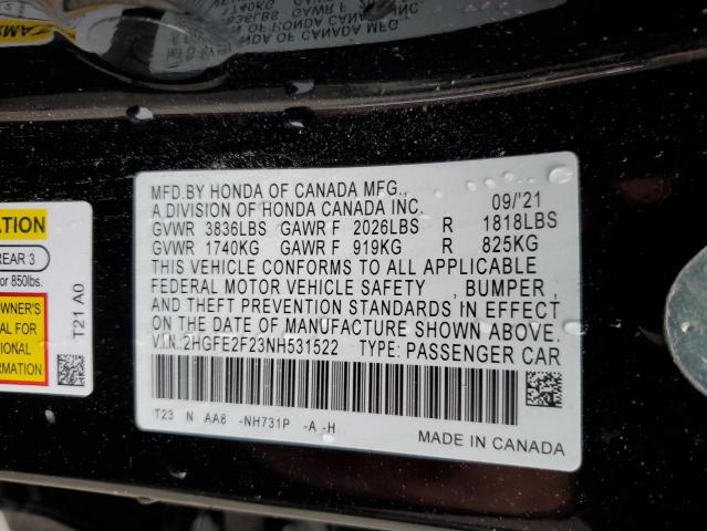 2022 HONDA CIVIC 2HGFE2F23NH531522