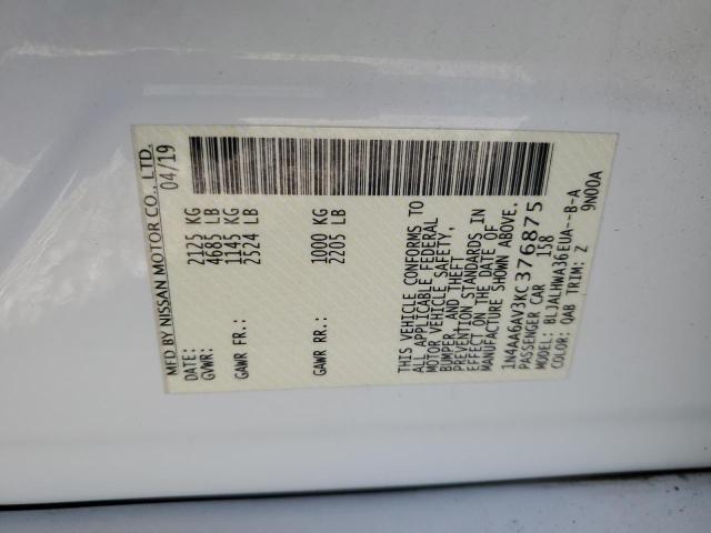 2019 NISSAN MAXIMA S 1N4AA6AV3KC376875