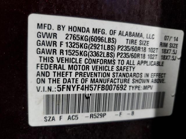 2015 HONDA PILOT EXL - 5FNYF4H57FB007692