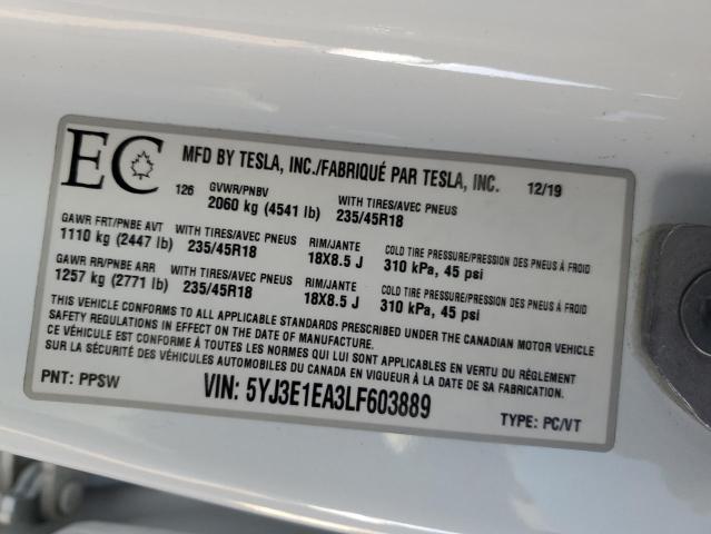 2020 TESLA MODEL 3 5YJ3E1EA3LF603889