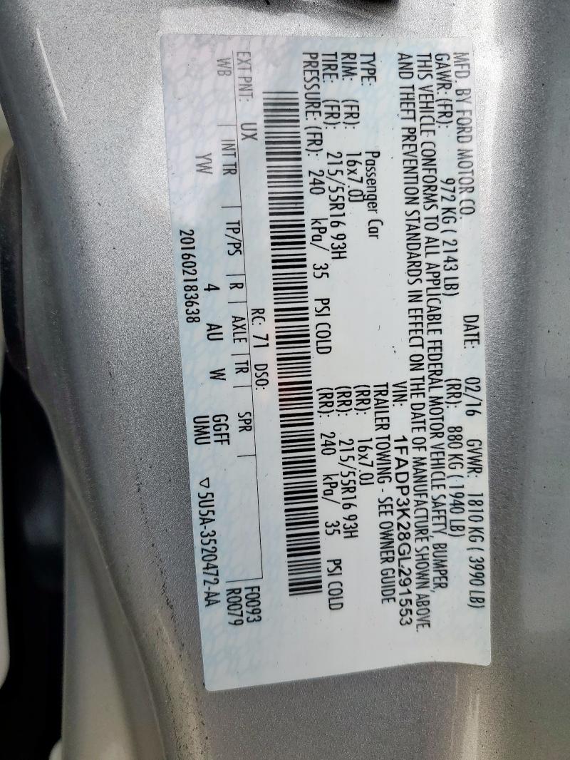 2016 FORD FOCUS SE - 1FADP3K28GL291553