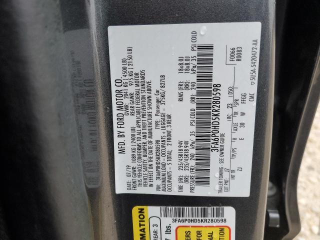 2019 FORD FUSION SE - 3FA6P0HD5KR280598