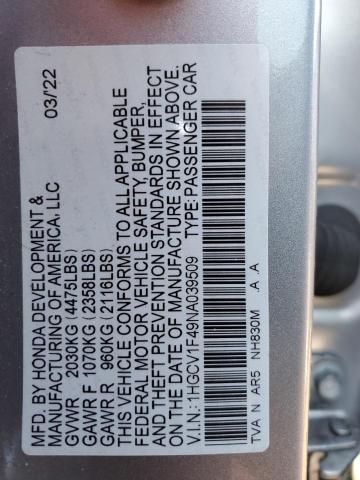 2022 HONDA ACCORD SPO - 1HGCV1F49NA039509