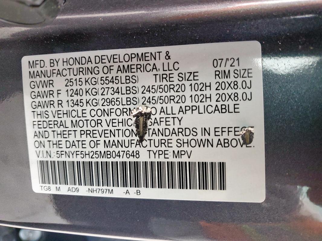 2021 HONDA PILOT SE 5FNYF5H25MB047648