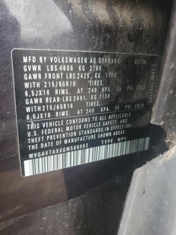 2016 VOLKSWAGEN TIGUAN S WVGAV7AX6GW588063