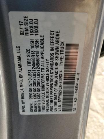 2017 HONDA RIDGELINE - 5FPYK2F6XHB009314