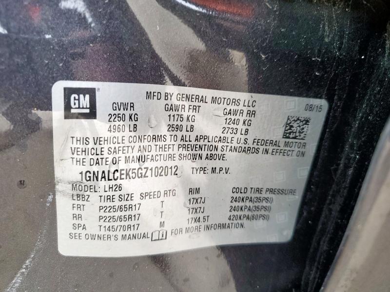 2016 CHEVROLET EQUINOX LT - 1GNALCEK5GZ102012