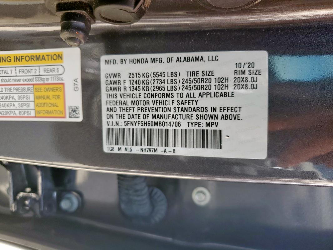 2021 HONDA PILOT TOUR - 5FNYF5H60MB014706