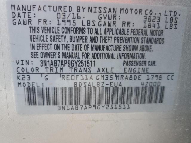 2016 NISSAN SENTRA S 3N1AB7AP9GY251511