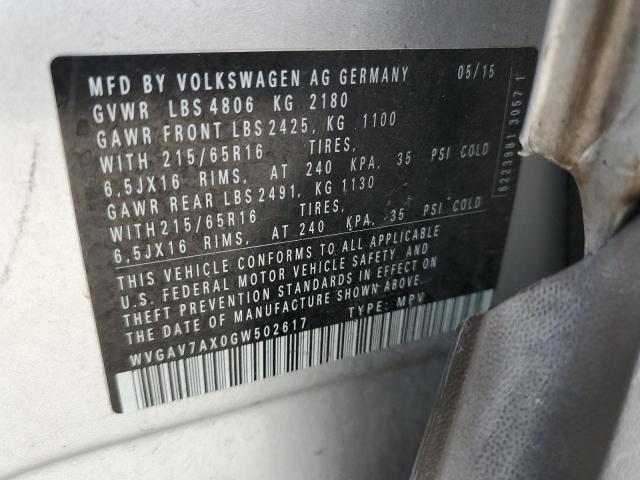 2016 VOLKSWAGEN TIGUAN S - WVGAV7AX0GW502617