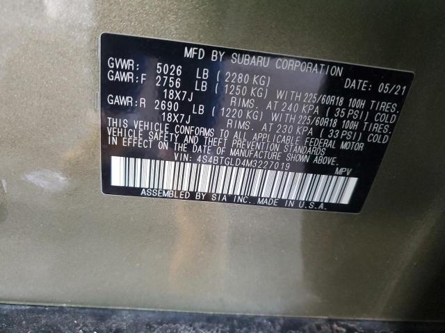 2021 SUBARU OUTBACK ON 4S4BTGLD4M3227019