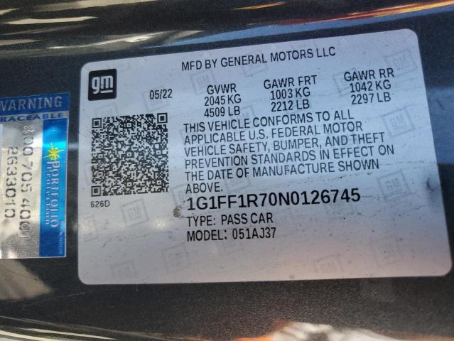 2022 CHEVROLET CAMARO LT1 1G1FF1R70N0126745