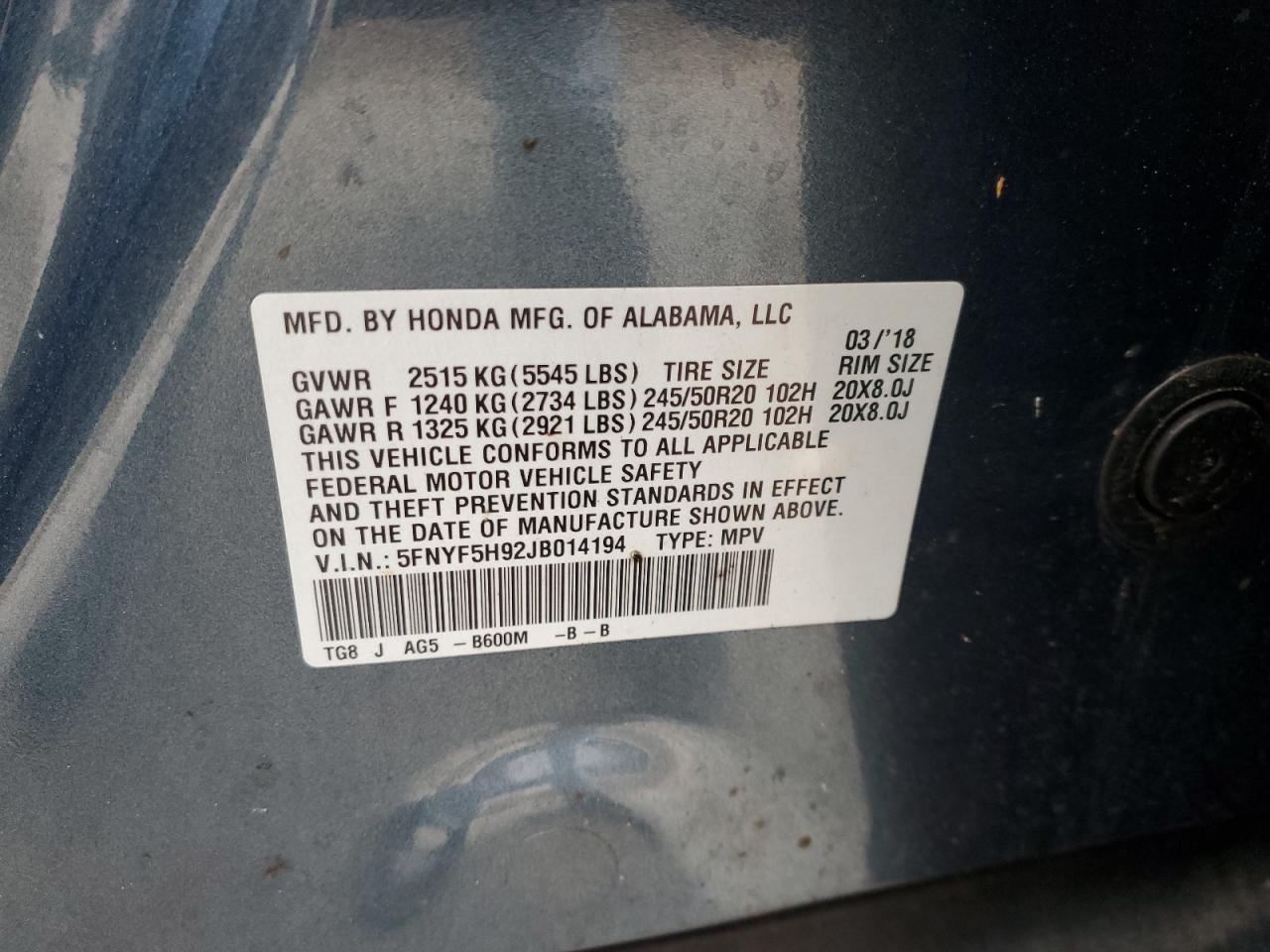 Lot #3301826399 2018 HONDA PILOT TOUR