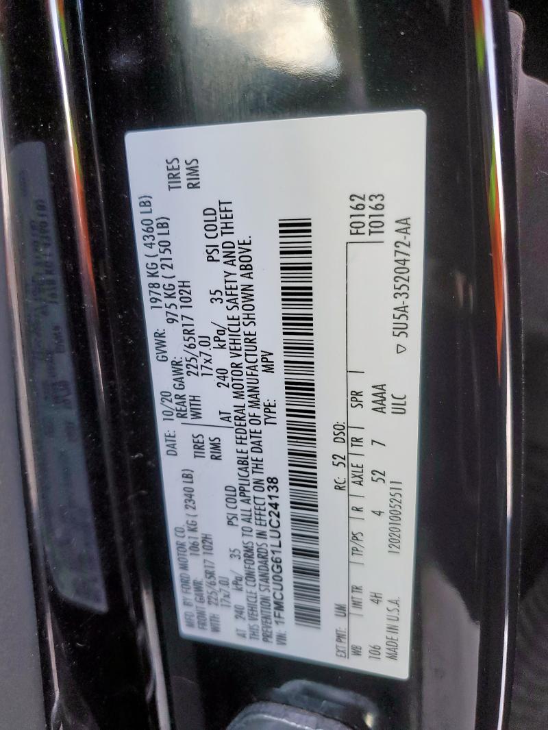2020 FORD ESCAPE SE - 1FMCU0G61LUC24138