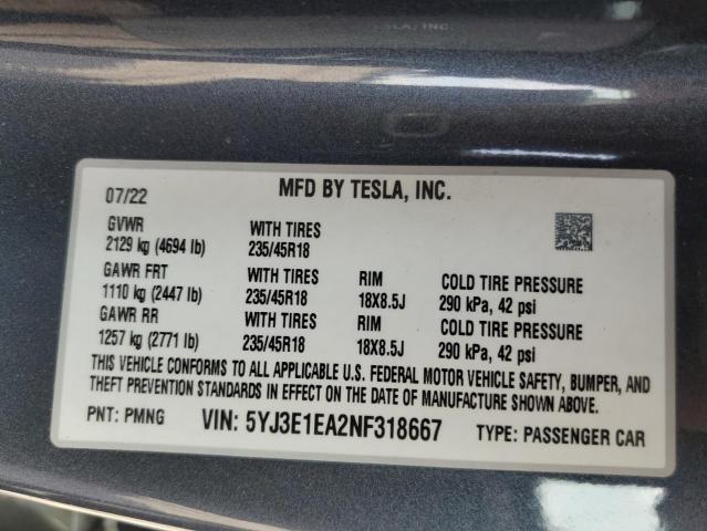 2022 TESLA MODEL 3 - 5YJ3E1EA2NF318667