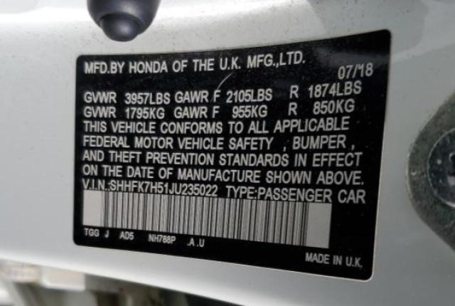 2018 HONDA CIVIC EX SHHFK7H51JU235022