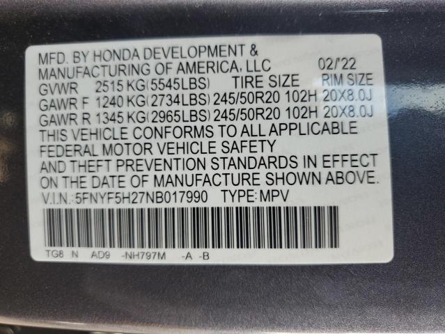 2022 HONDA PILOT SE 5FNYF5H27NB017990