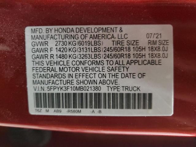 2021 HONDA RIDGELINE - 5FPYK3F10MB021380