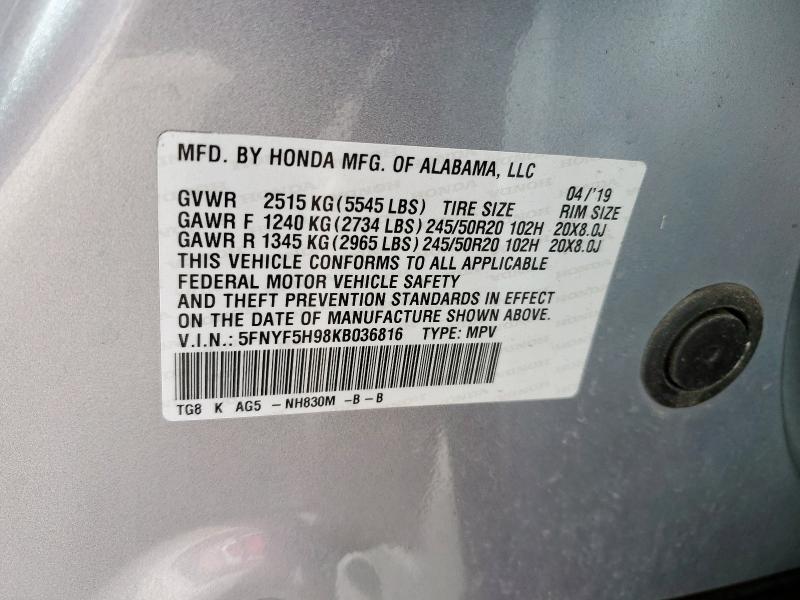 2019 HONDA PILOT TOUR 5FNYF5H98KB036816