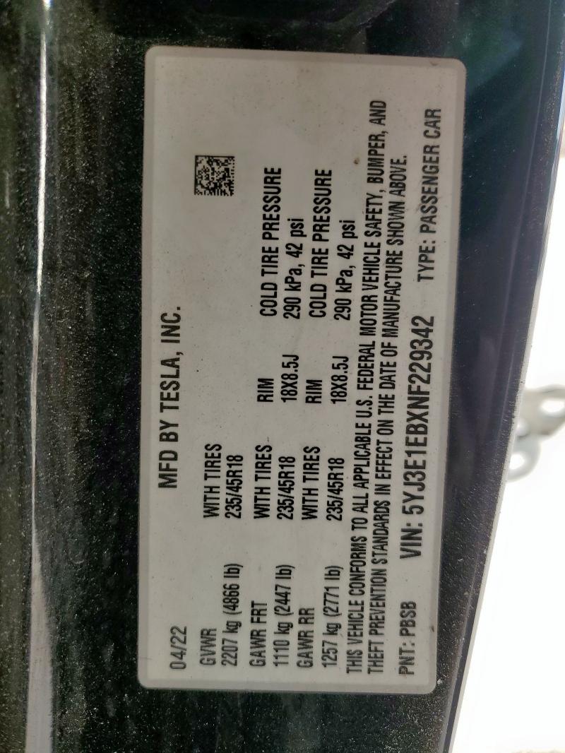 2022 TESLA MODEL 3 - 5YJ3E1EBXNF229342