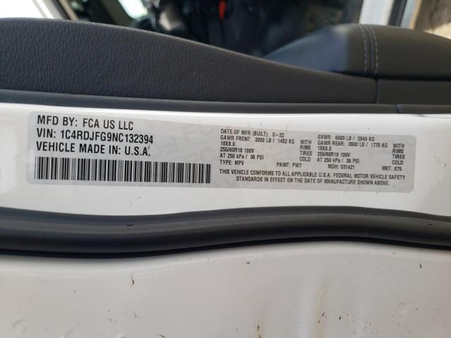 2022 DODGE DURANGO PU 1C4RDJFG9NC132394