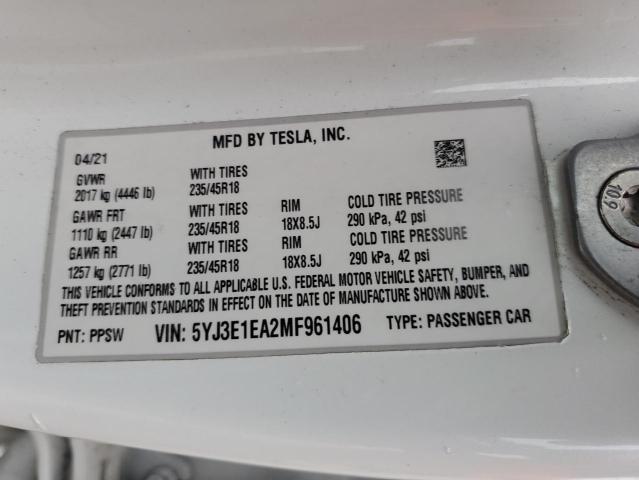 2021 TESLA MODEL 3 - 5YJ3E1EA2MF961406