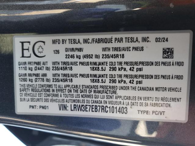 2024 TESLA MODEL 3 - LRW3E7EB7RC101403