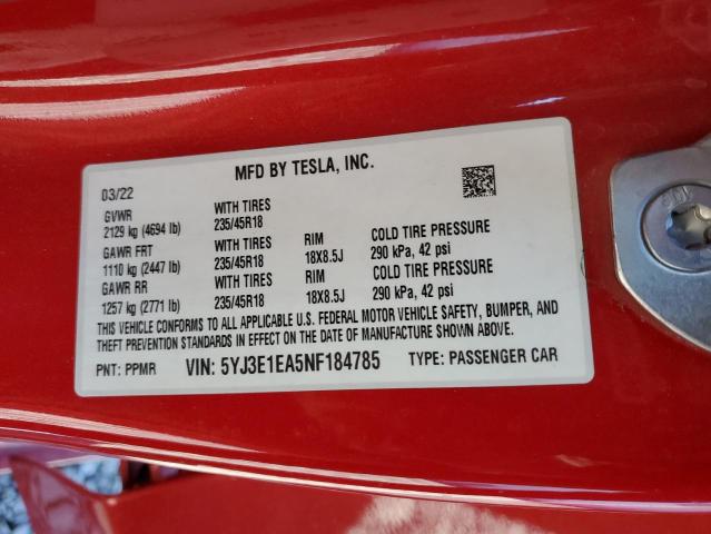 2022 TESLA MODEL 3 - 5YJ3E1EA5NF184785
