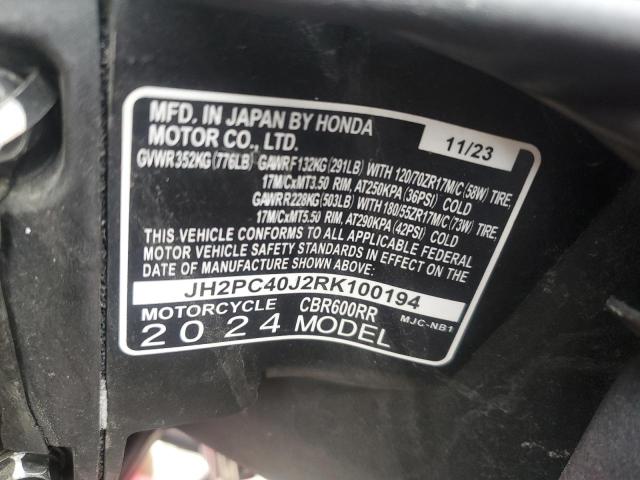 2024 HONDA CBR 600RR JH2PC40J2RK100194