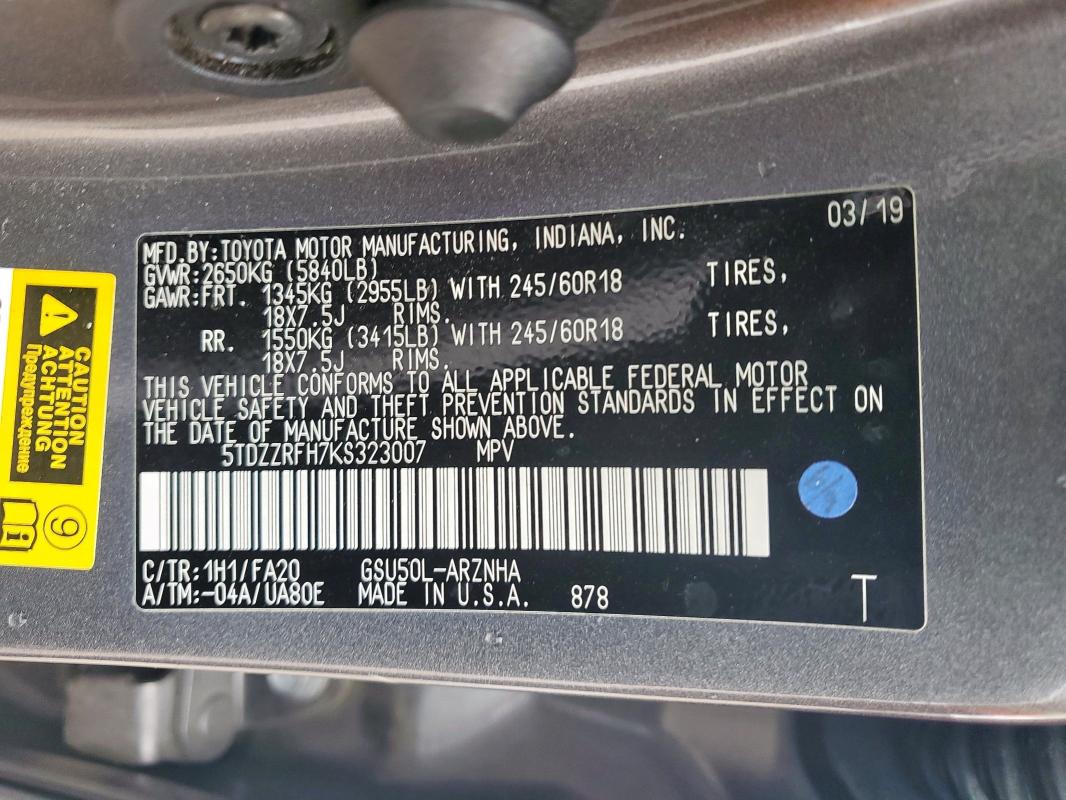 2019 TOYOTA HIGHLANDER - 5TDZZRFH7KS323007