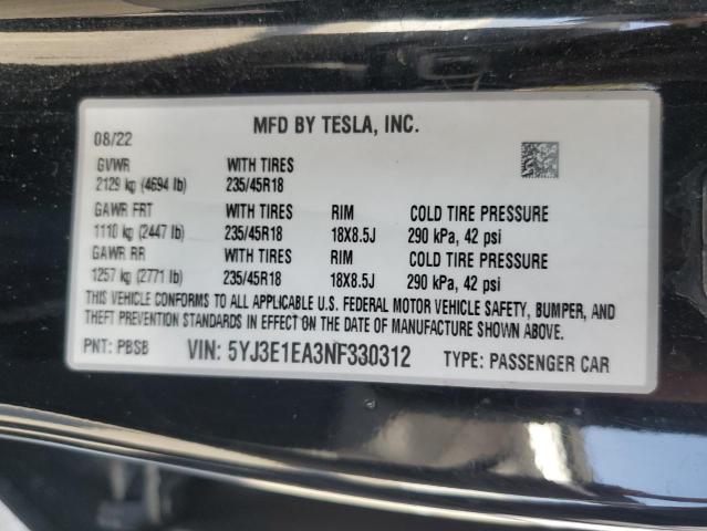 2022 TESLA MODEL 3 - 5YJ3E1EA3NF330312