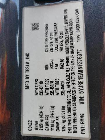 2022 TESLA MODEL 3 - 5YJ3E1EA8NF376377