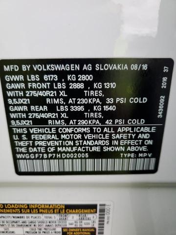 2017 VOLKSWAGEN TOUAREG EX WVGGF7BP7HD002005
